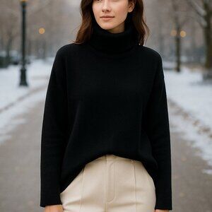 EILEEN FISHER Cashmere Cotton Turtleneck Sweater Black Long Top Size S NWOT